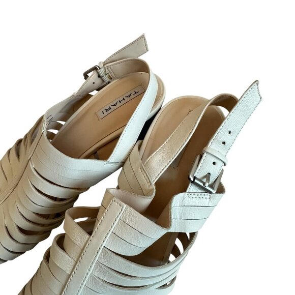 Tahari Makailyn Strappy White High Heel Sandals Leather Wood Block Heel Size 9.5 - Picture 5 of 11